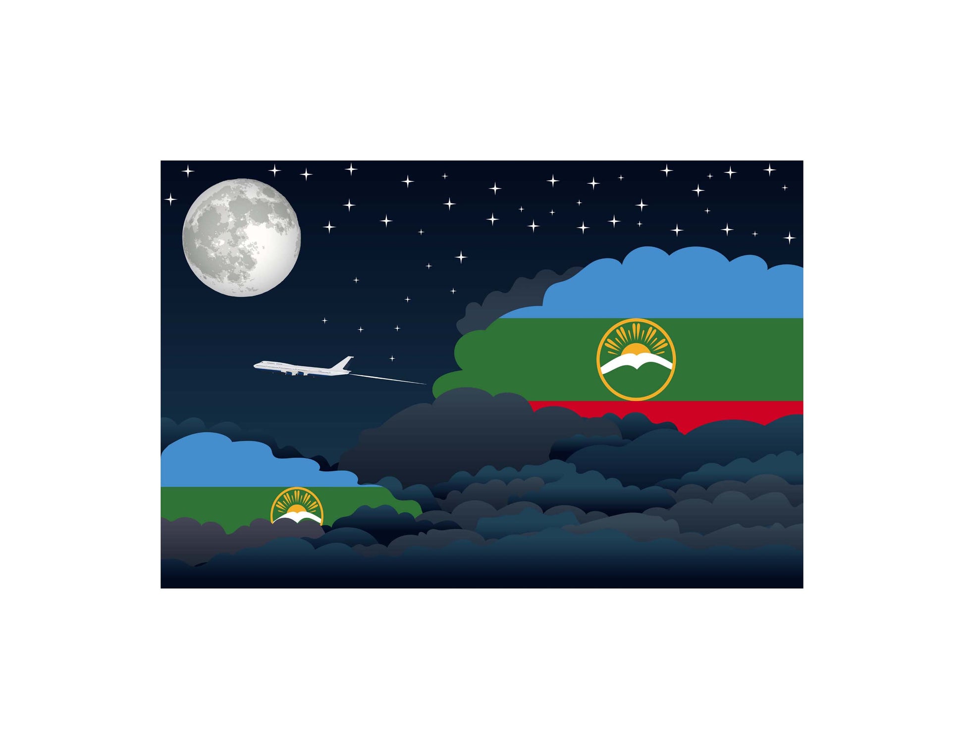 Karachay-Cherkessia Flag Night Clouds Aeroplane Airport Flying Vector Illustration