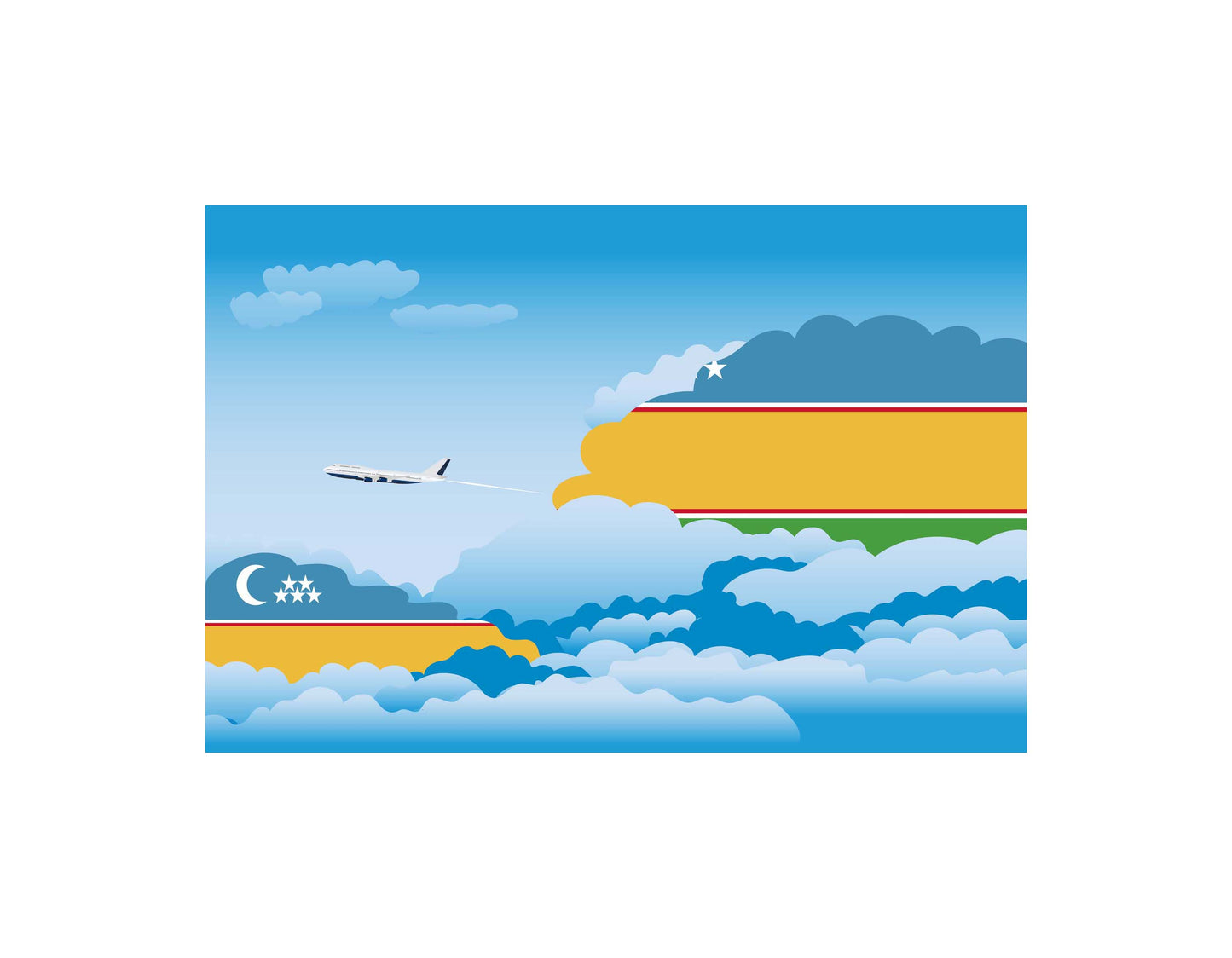 Karakalpakstan Airplane Day Clouds Vector Illustration | Travel & Aviation Sky Scene