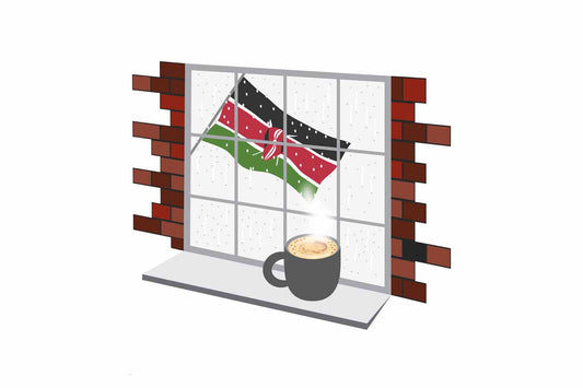 Kenya Coffee Rain Window Vector Illustration | Cozy Café Scene