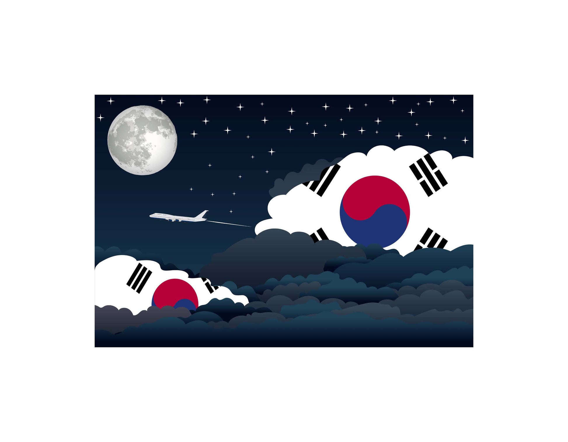 Korea  South Airplane Night Clouds Vector Illustrations | Aviation Night Sky Collection
