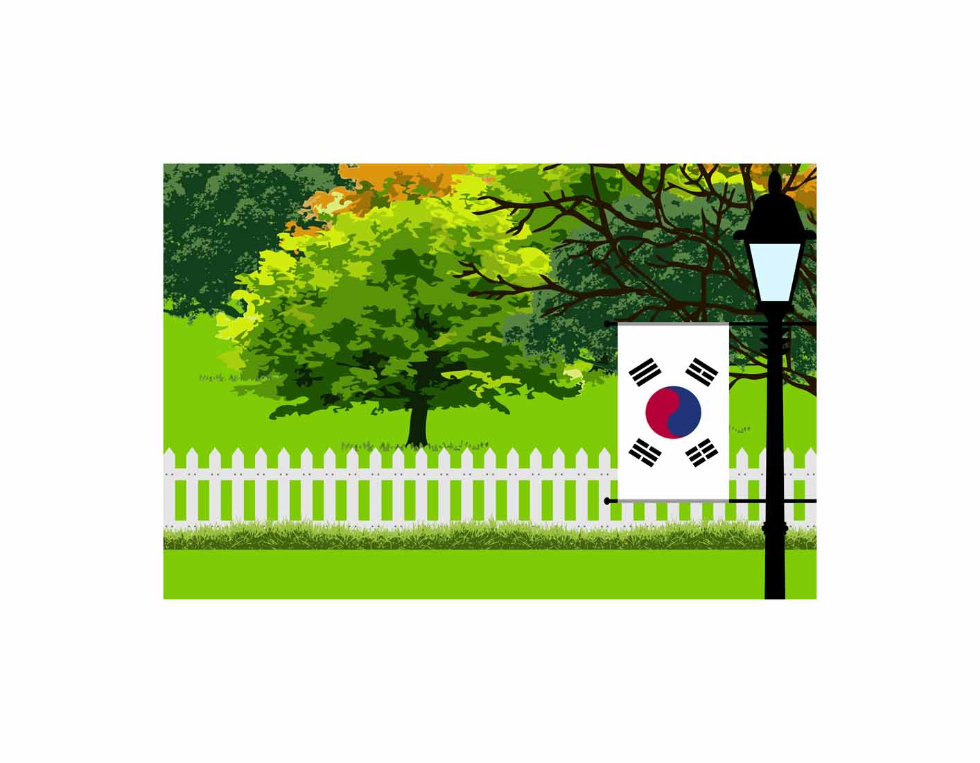 Korea, South Flag Trees Street Lamp Vector Illustration