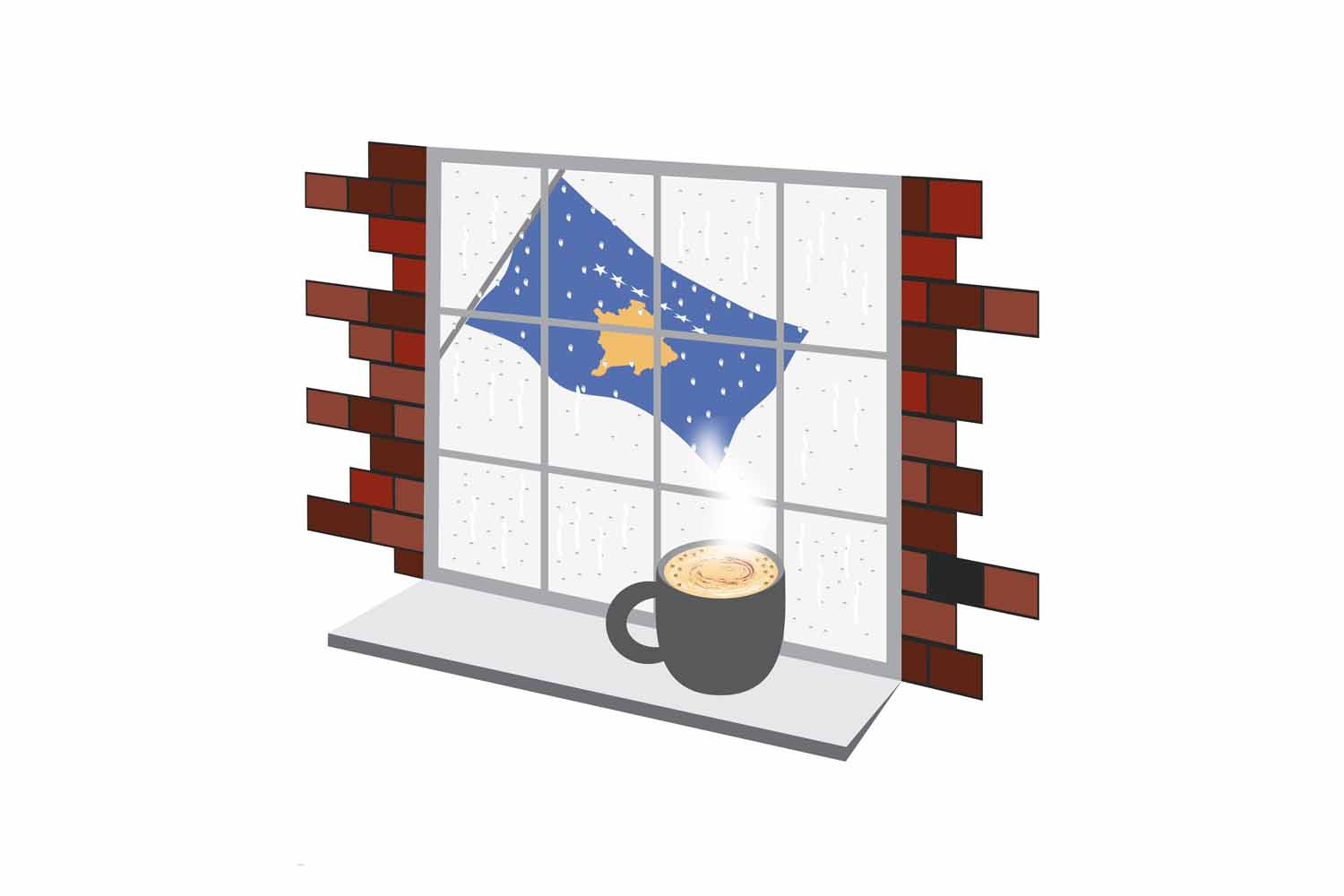 Kosovo Coffee Rain Window Vector Illustration | Cozy Café Scene