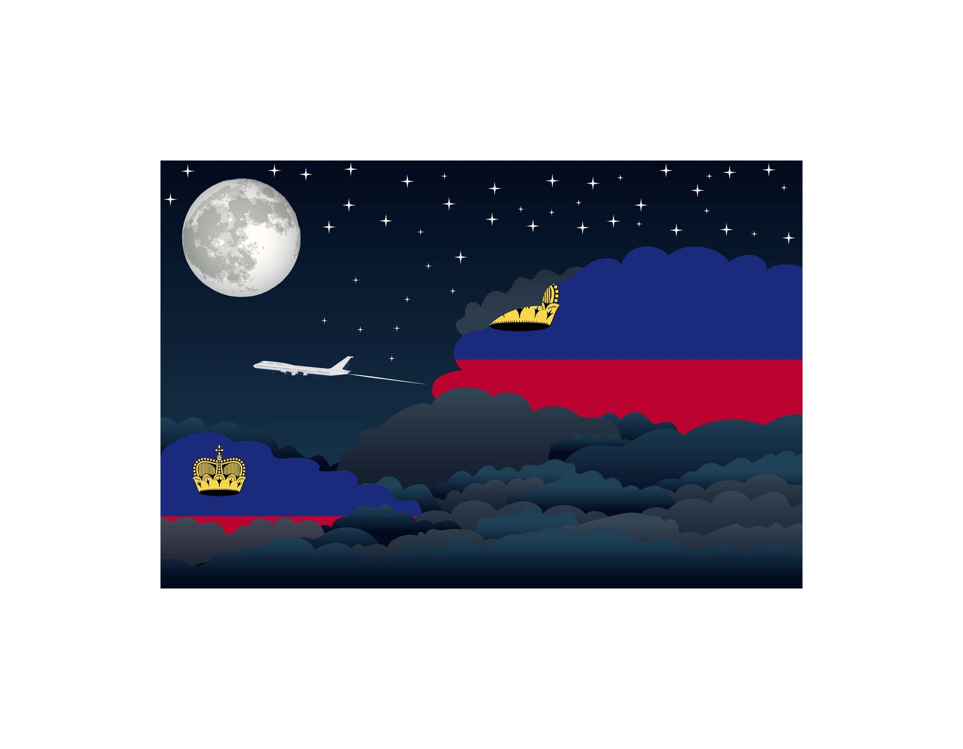 Liechtenstein Airplane Night Clouds Vector Illustrations | Aviation Night Sky Collection