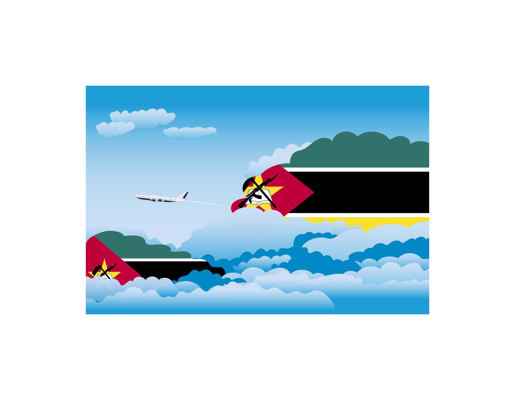 Mozambique Airplane Day Clouds Vector Illustration | Travel & Aviation Sky Scene