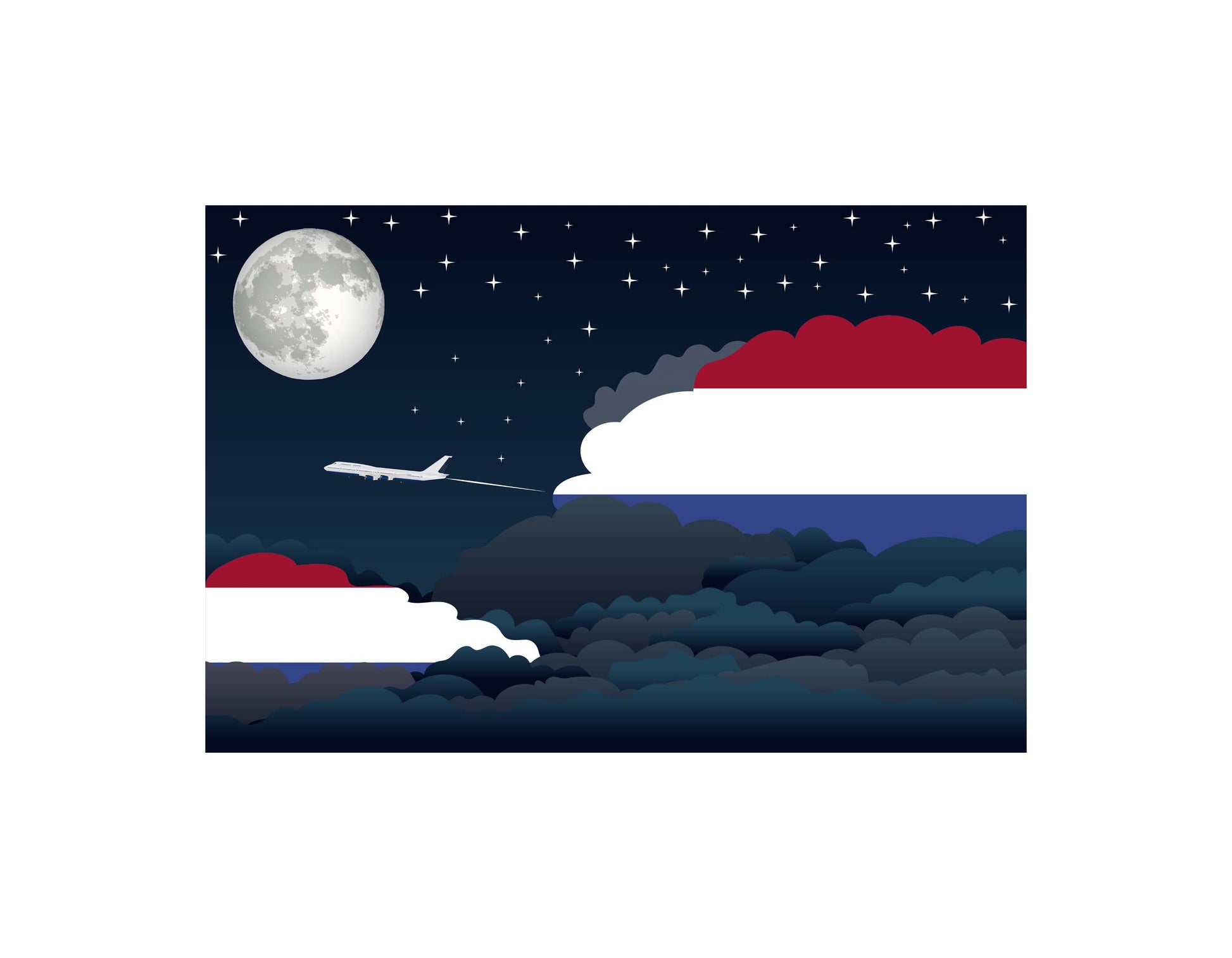 Netherlands Antilles Airplane Night Clouds Vector Illustrations | Aviation Night Sky Collection
