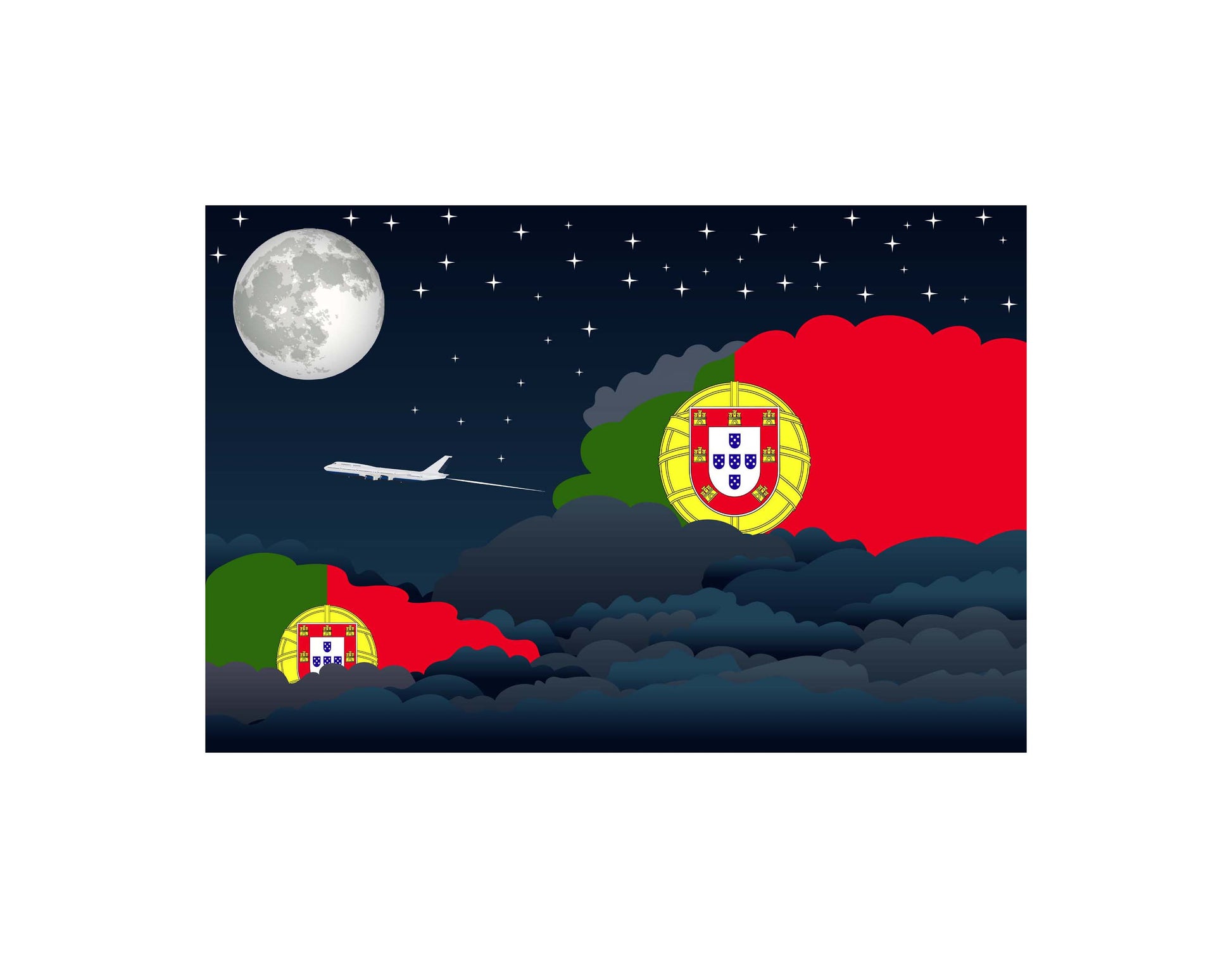 Portugal Airplane Night Clouds Vector Illustrations | Aviation Night Sky Collection