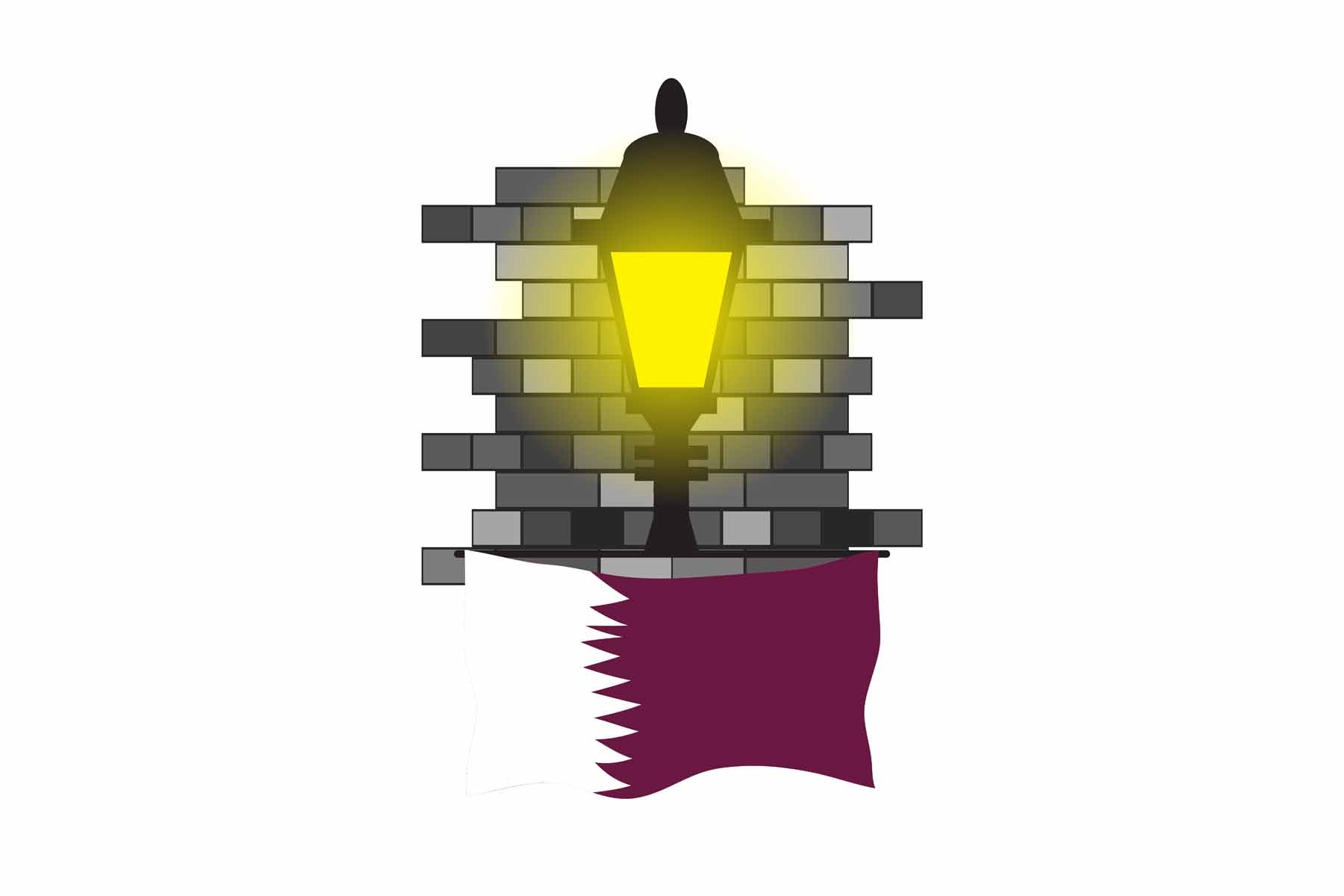 Qatar World Street Lamp Bricks Dark Night Vector Illustrations | Moonlit Urban Landscape Collection