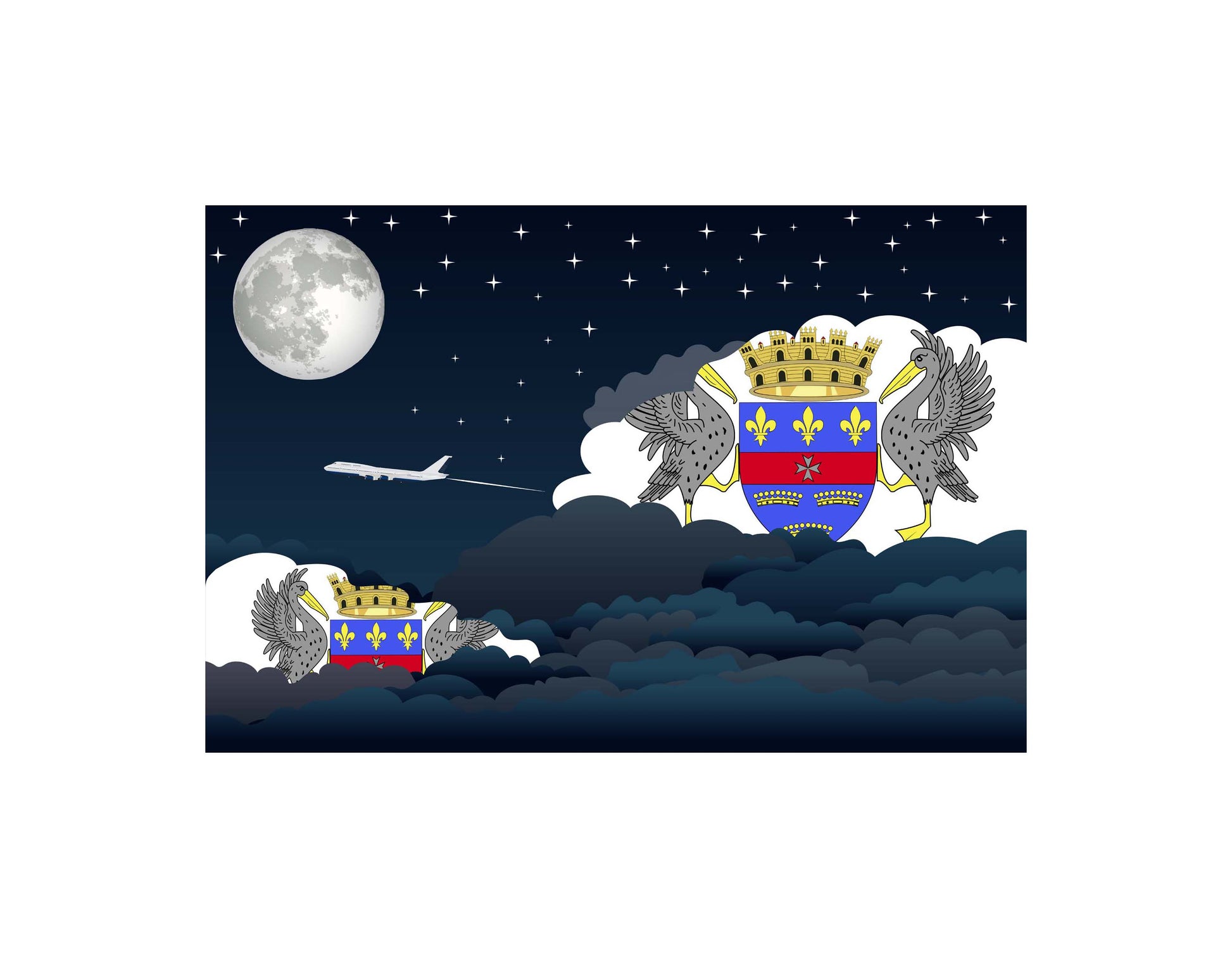Saint Barthelemy Airplane Night Clouds Vector Illustrations | Aviation Night Sky Collection