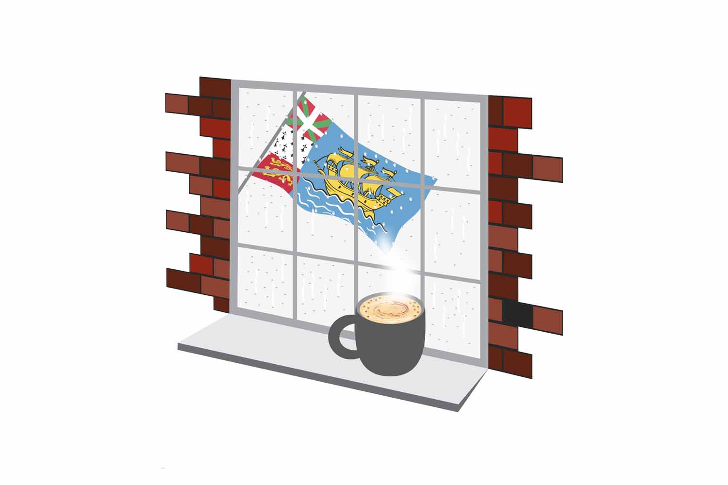 Saint Pierre and Miquelon Coffee Rain Window Vector Illustration | Cozy Café Scene