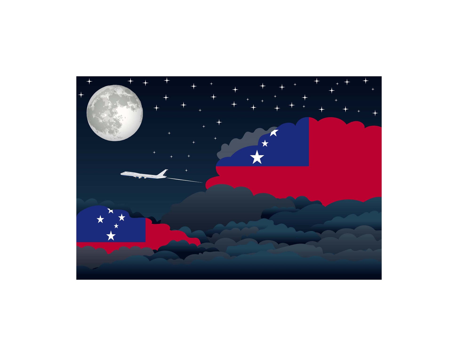 Samoa Airplane Night Clouds Vector Illustrations | Aviation Night Sky Collection