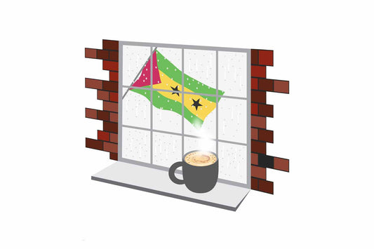 Sao Tome and Principe Coffee Rain Window Vector Illustration | Cozy Café Scene