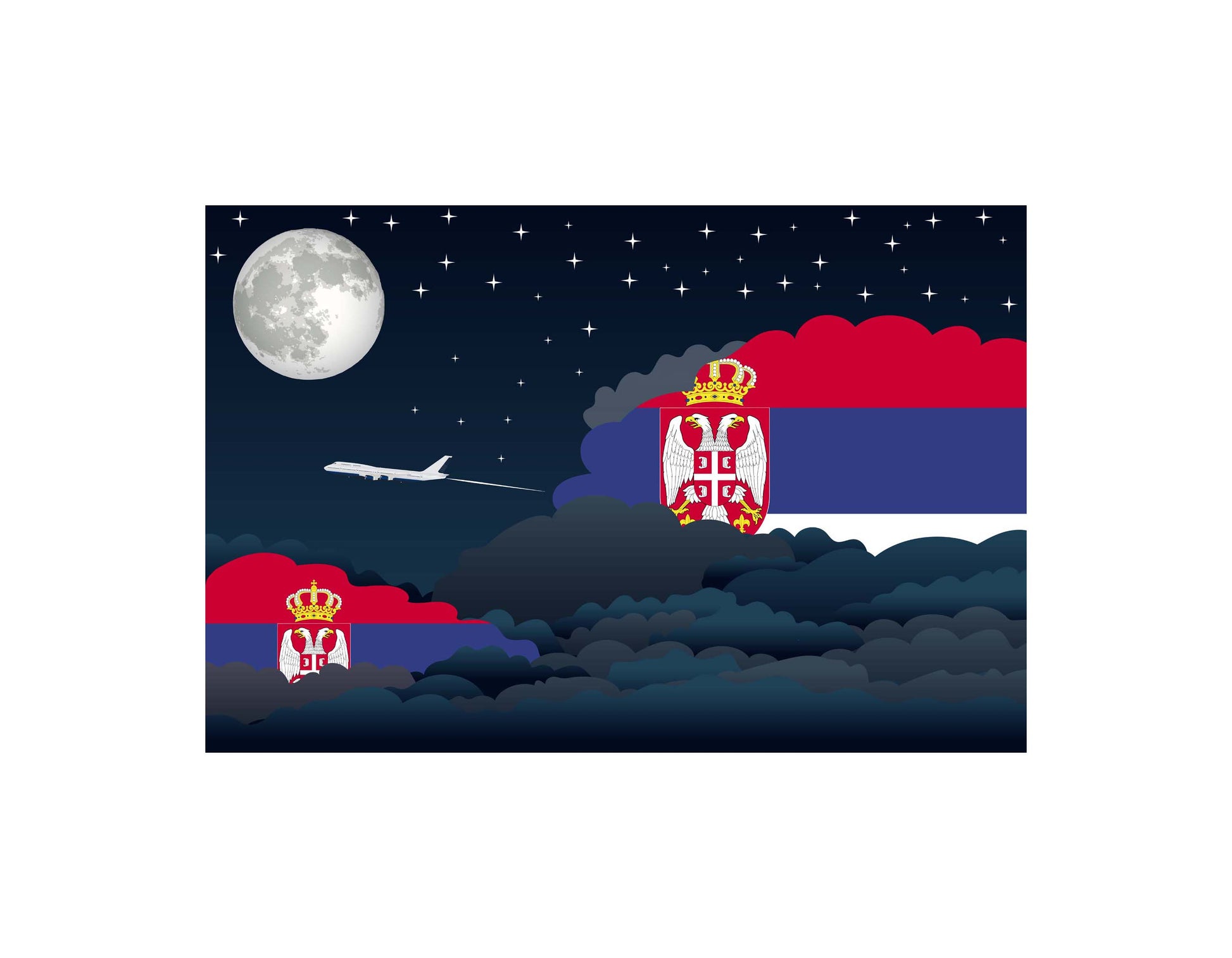 Serbia Airplane Night Clouds Vector Illustrations | Aviation Night Sky Collection