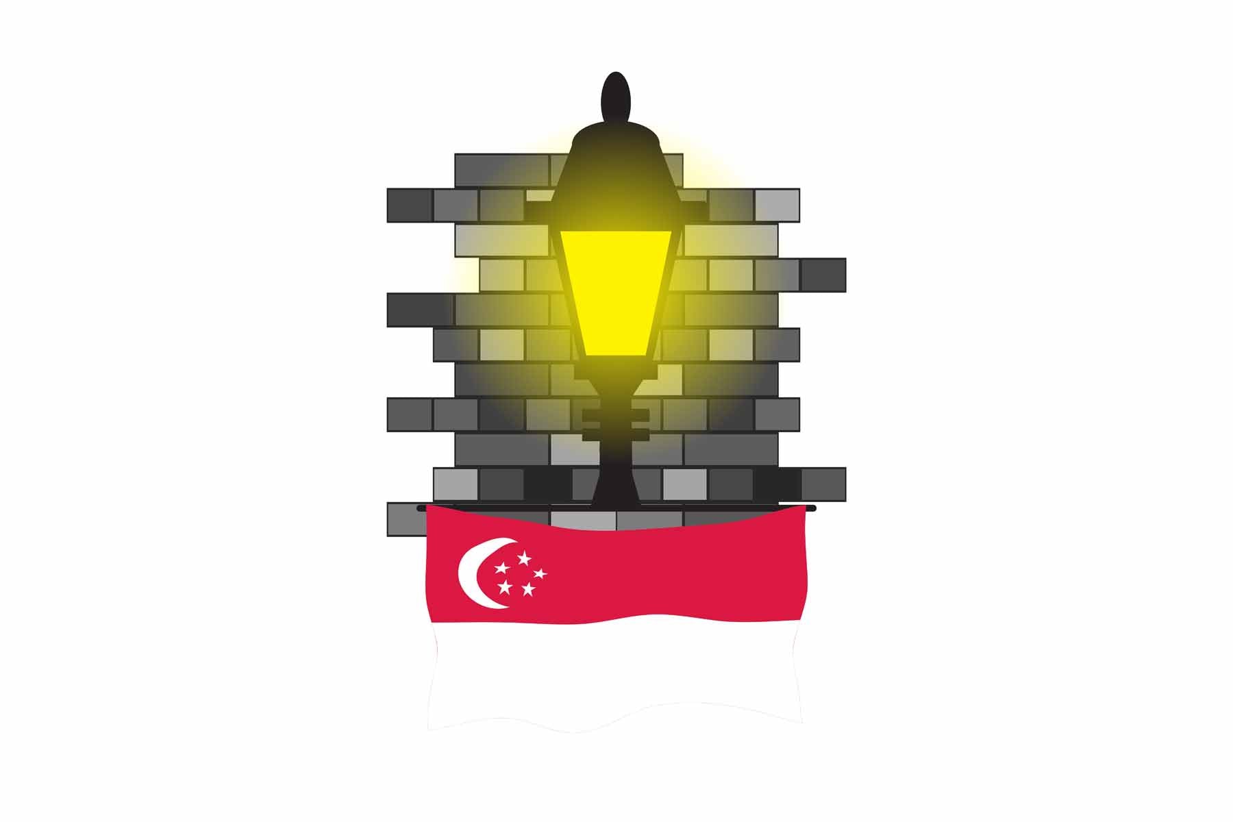 Singapore World Street Lamp Bricks Dark Night Vector Illustrations | Moonlit Urban Landscape Collection