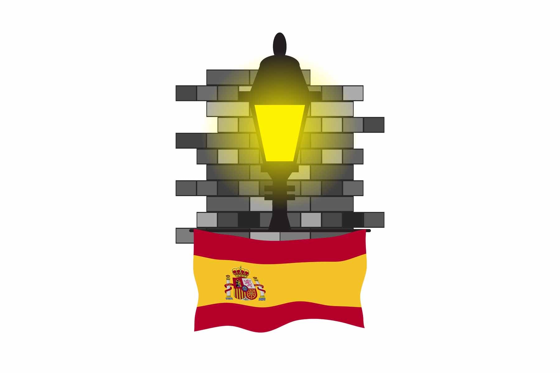 Spain World Street Lamp Bricks Dark Night Vector Illustrations | Moonlit Urban Landscape Collection