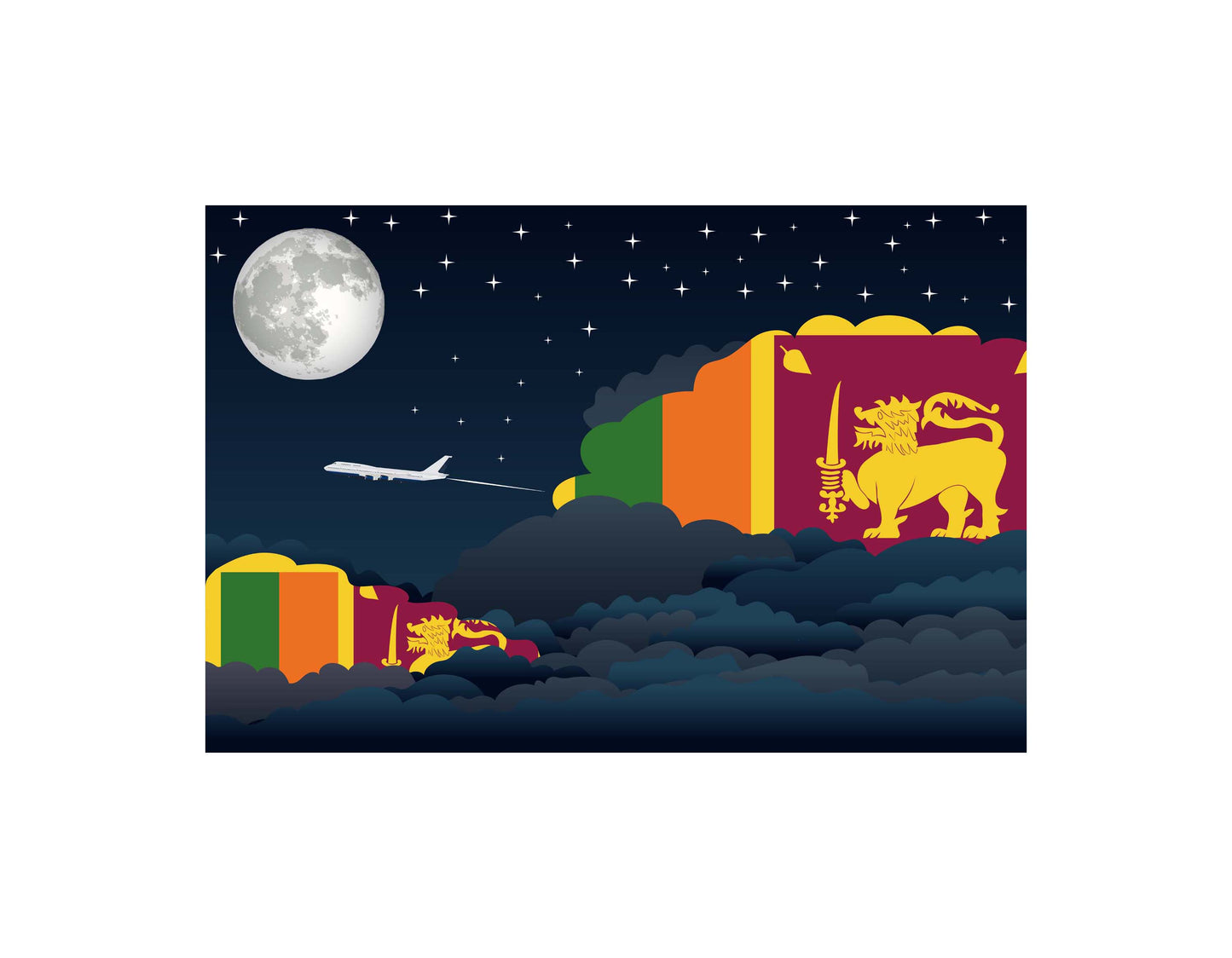 Sri Lanka Flag Night Clouds Aeroplane Airport Flying Vector Illustration