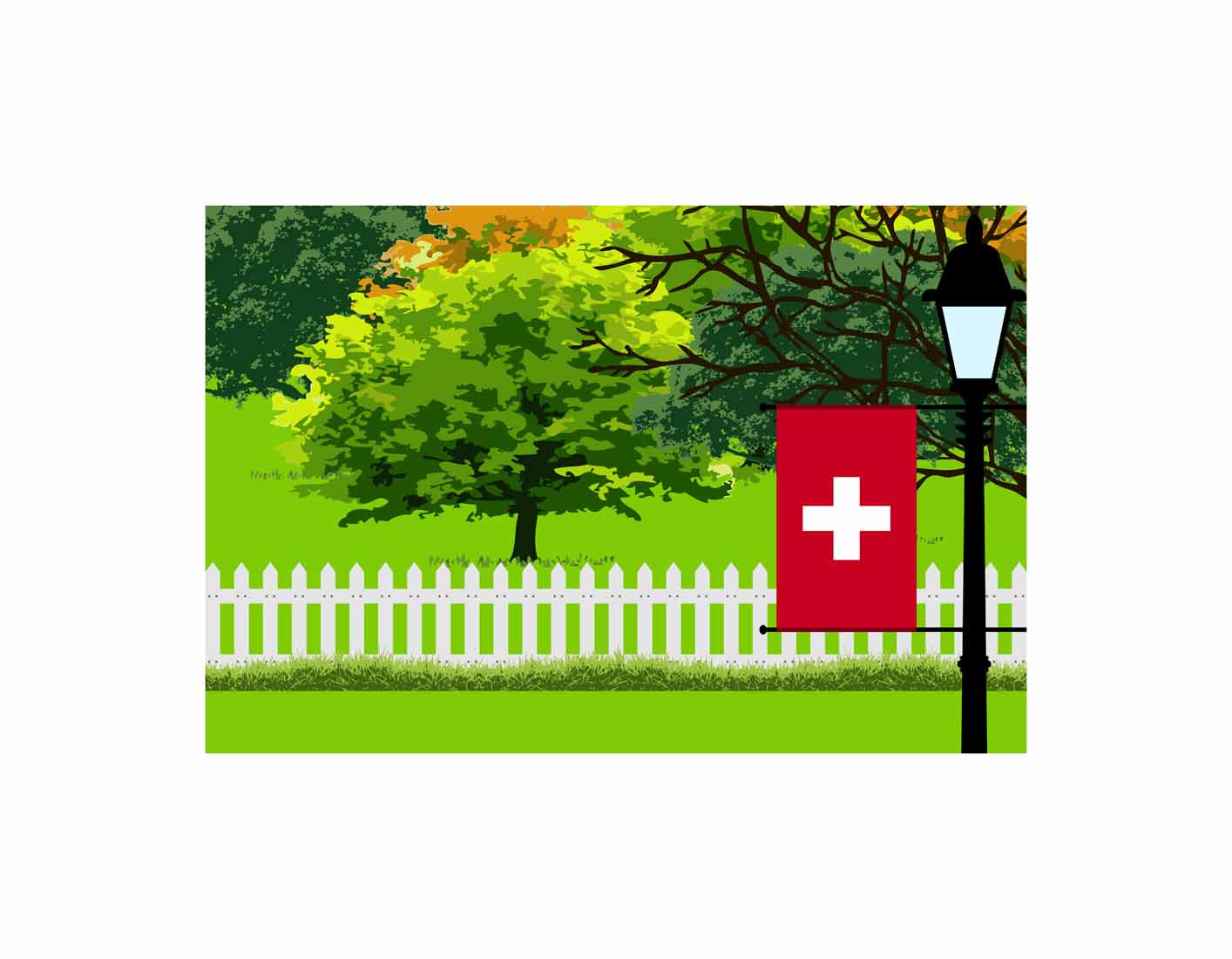 Switzerland Home Town Trees Landscape Moon Night Vector Illustrations