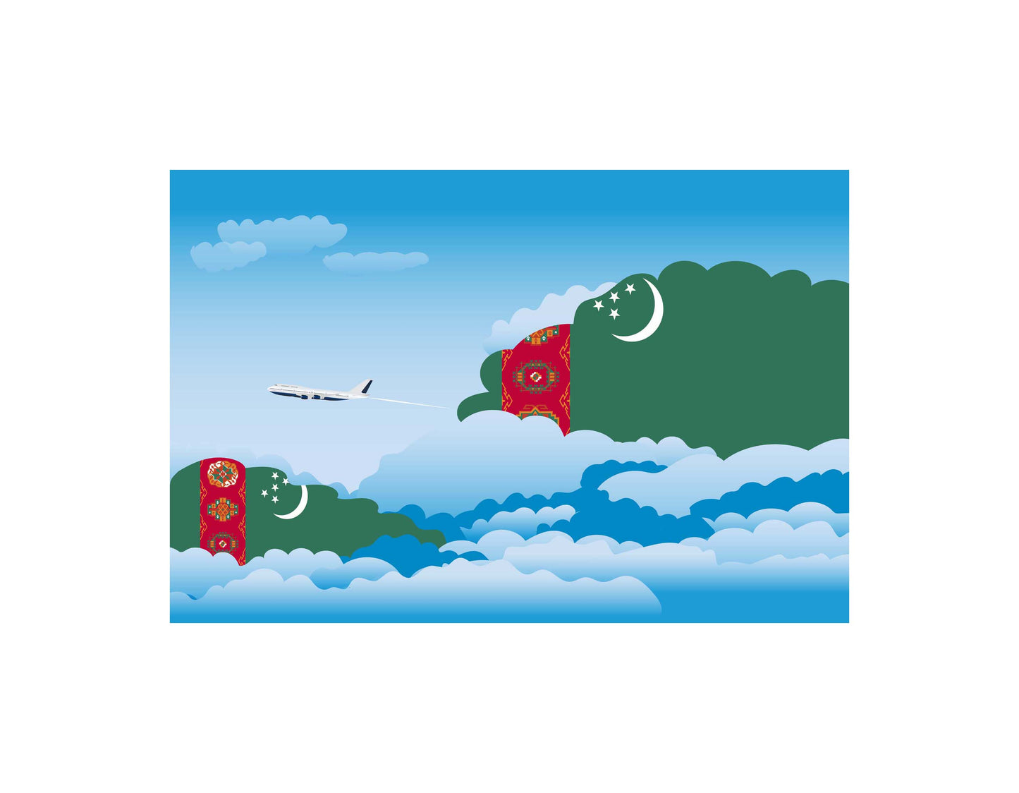 Turkmenistan Airplane Day Clouds Vector Illustration | Travel & Aviation Sky Scene