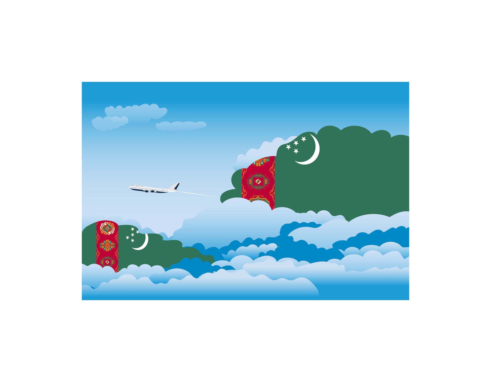 Turkmenistan Airplane Day Clouds Vector Illustration | Travel & Aviation Sky Scene