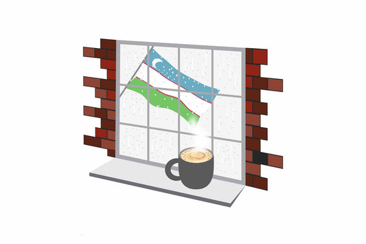 Uzbekistan Coffee Rain Window Vector Illustration | Cozy Café Scene