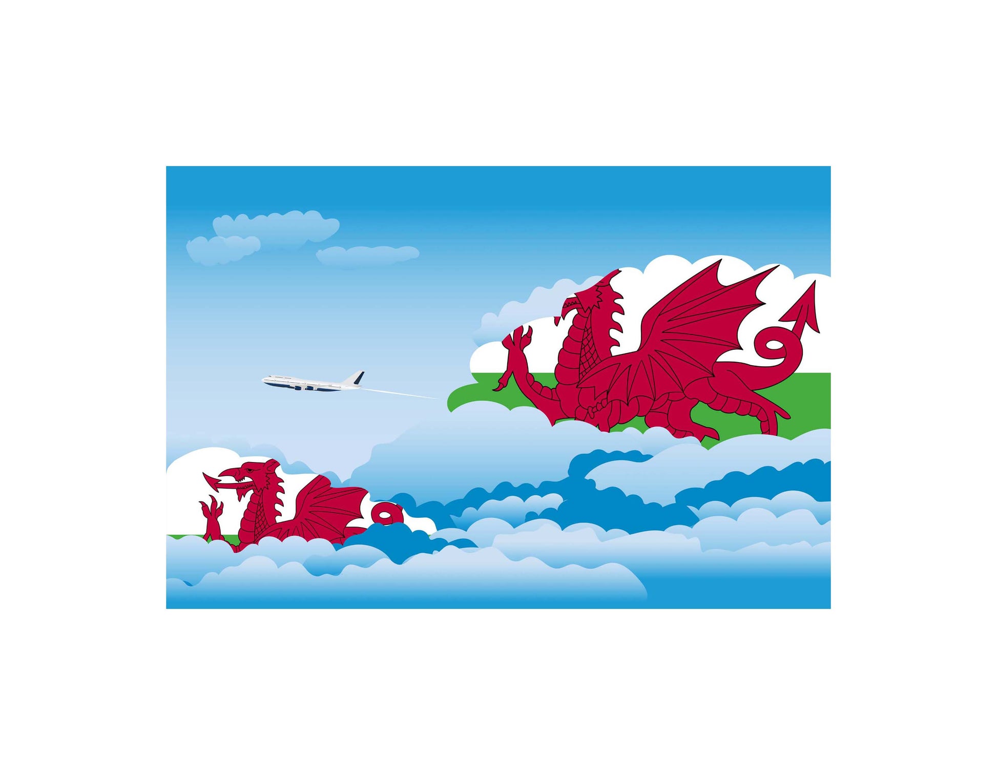 Wales Airplane Day Clouds Vector Illustration | Travel & Aviation Sky Scene