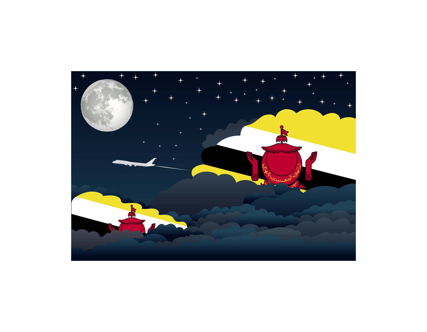 Brunei Flag Night Clouds Aeroplane Airport Flying Vector Illustration