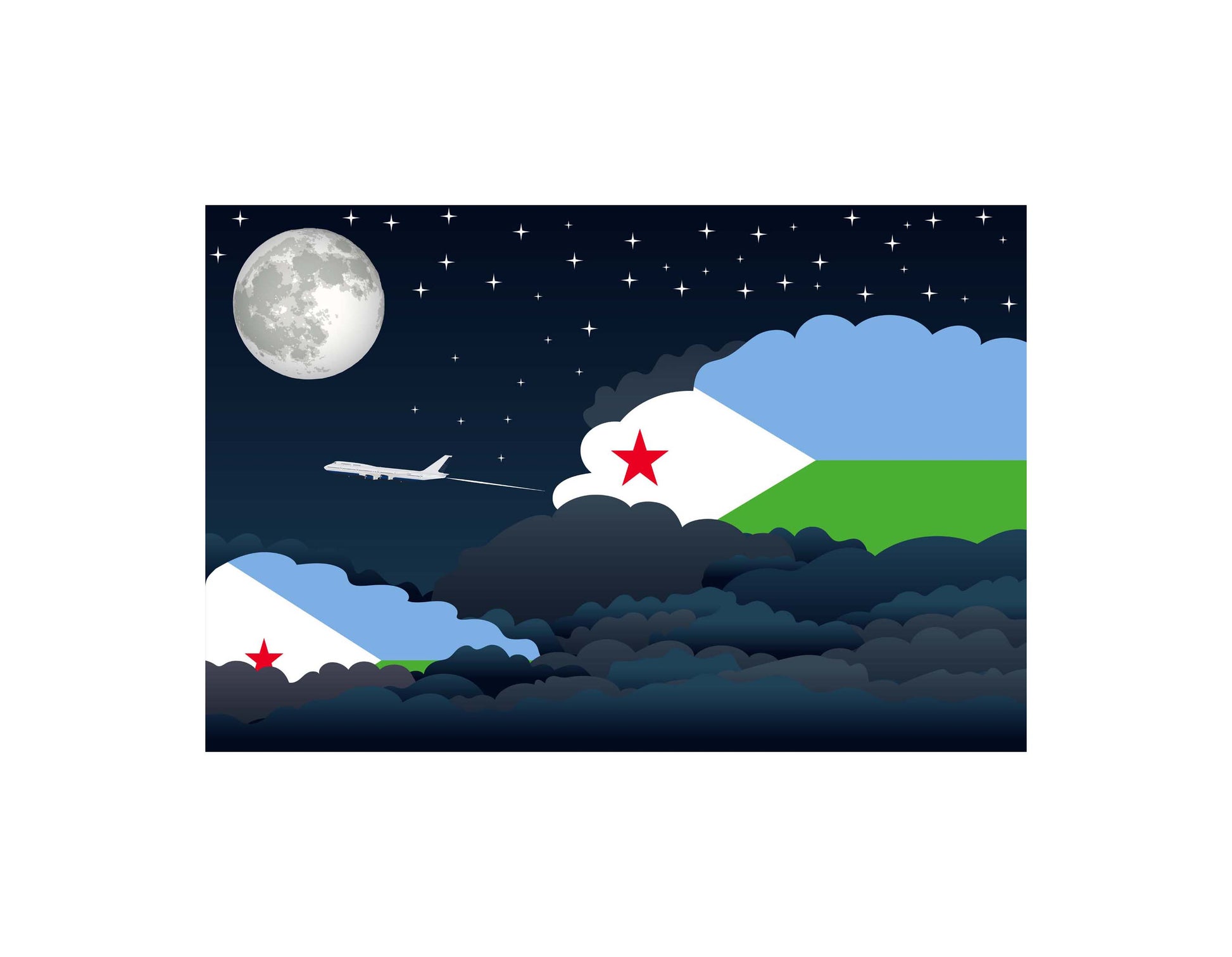 Djibouti Flag Night Clouds Aeroplane Airport Flying Vector Illustration