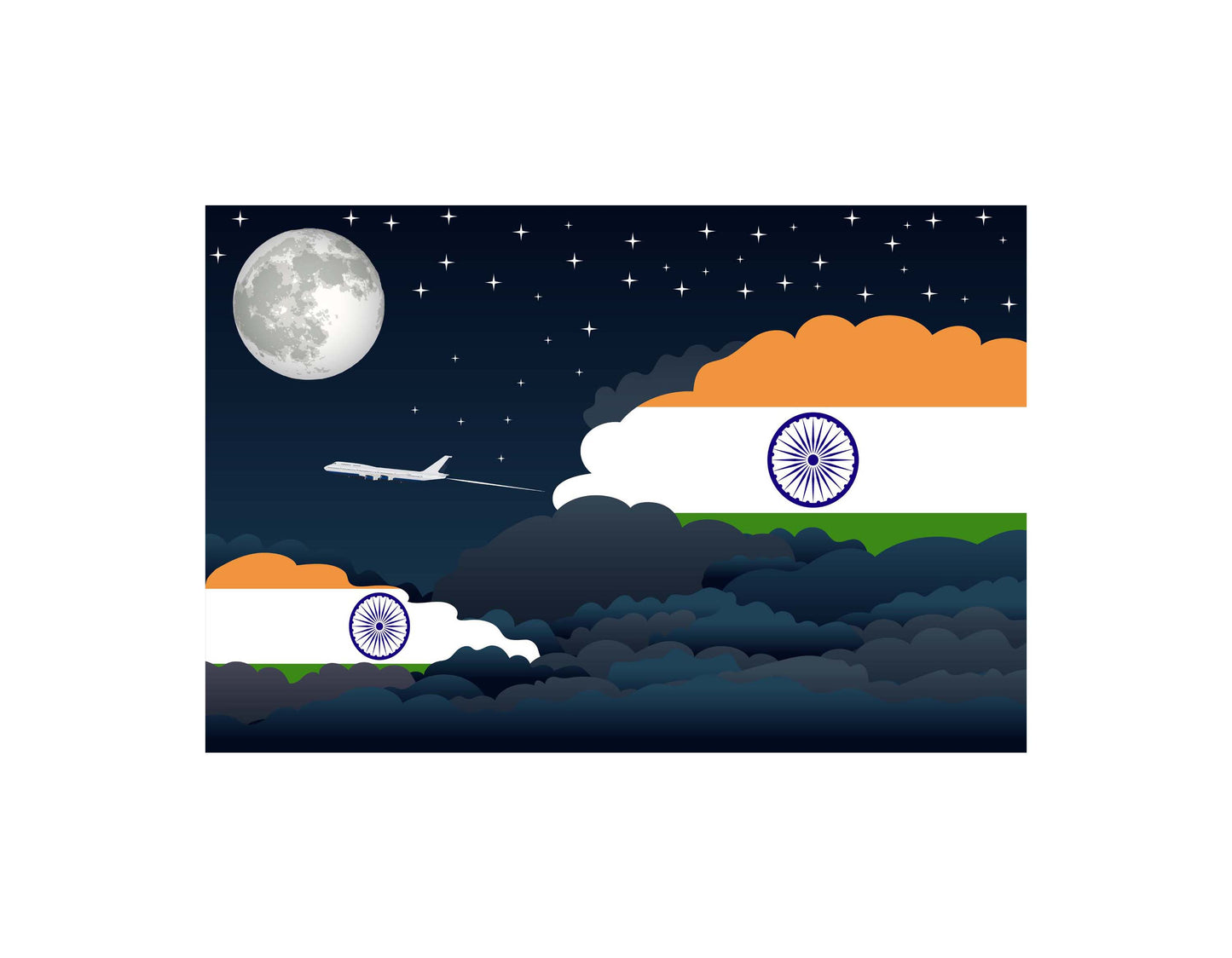 India Flag Night Clouds Aeroplane Airport Flying Vector Illustration