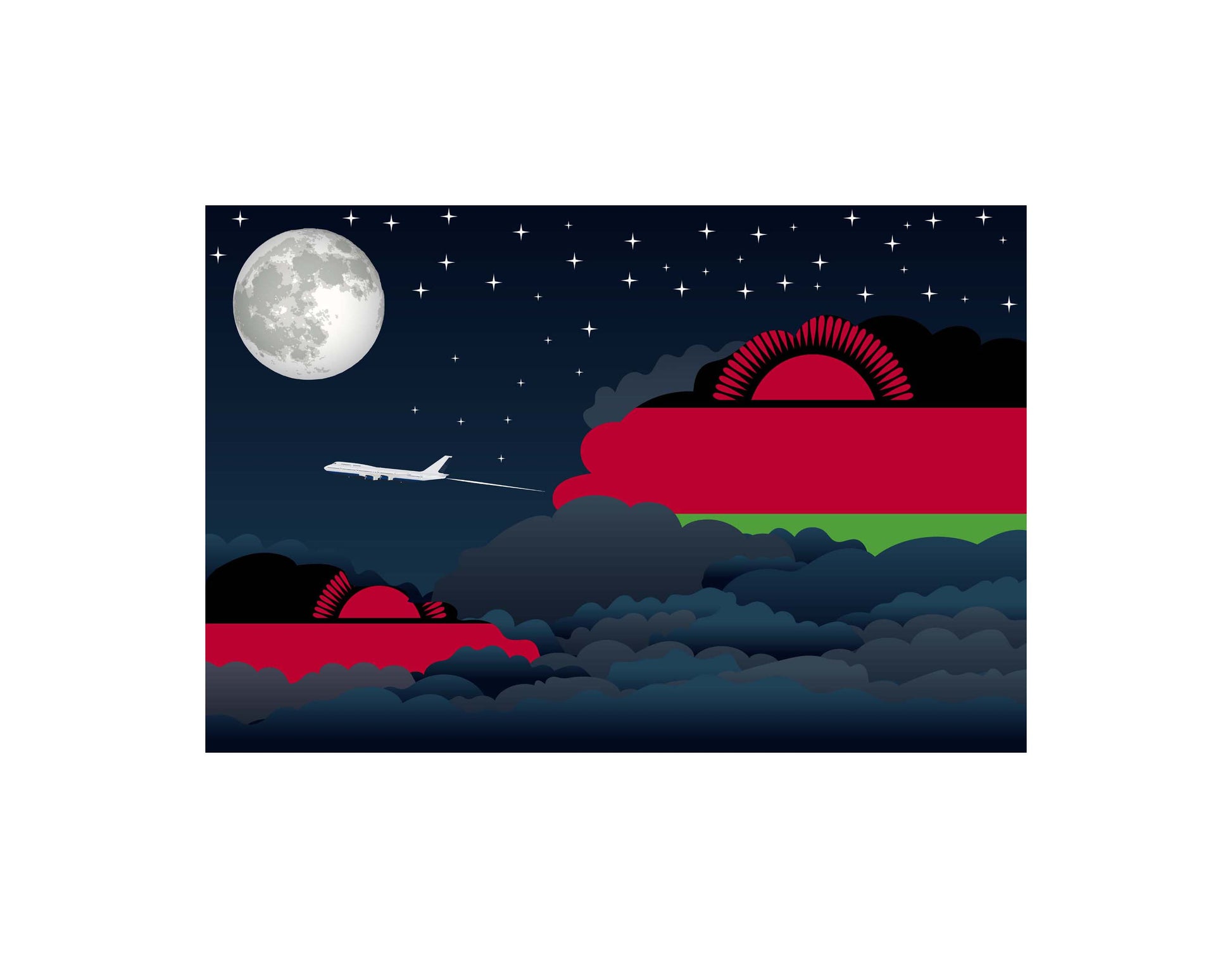 Malawi Flag Night Clouds Aeroplane Airport Flying Vector Illustration