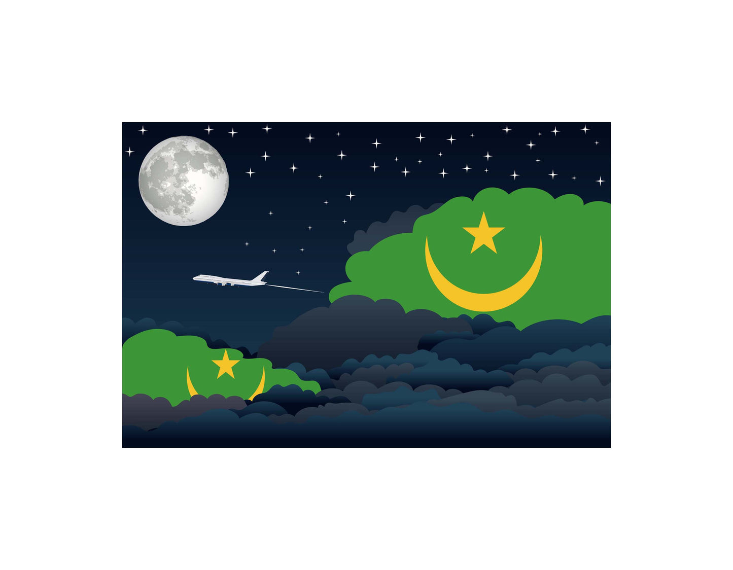 Mauritania Flag Night Clouds Aeroplane Airport Flying Vector Illustration