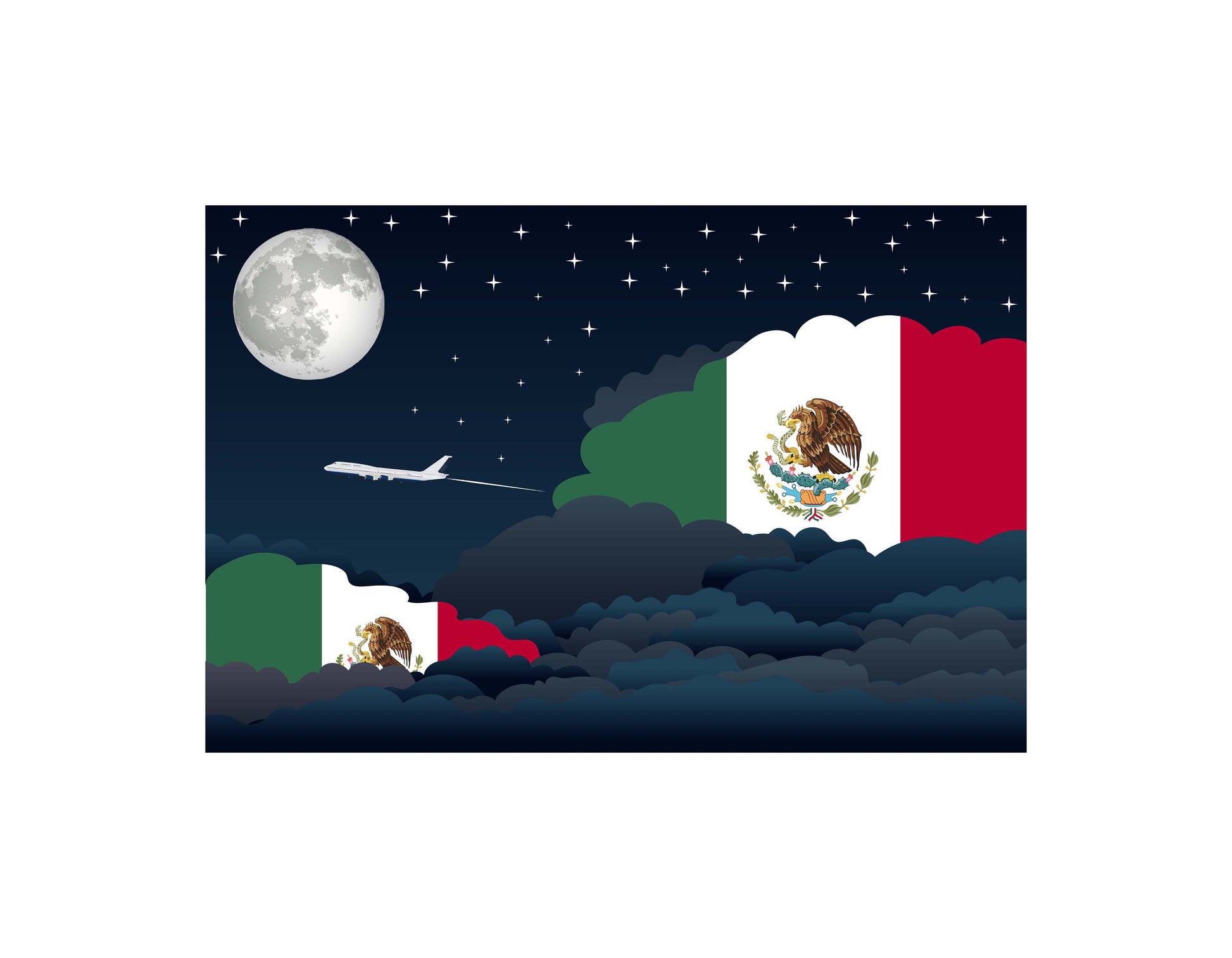 Mexico Flag Night Clouds Aeroplane Airport Flying Vector Illustration