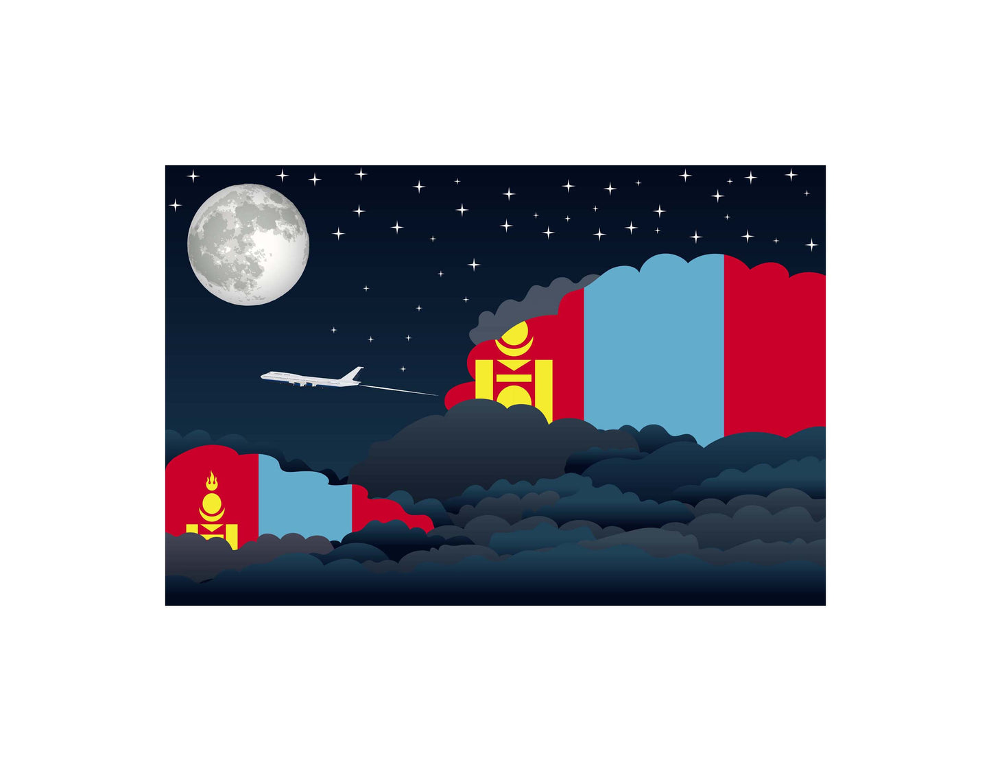 Mongolia Flag Night Clouds Aeroplane Airport Flying Vector Illustration