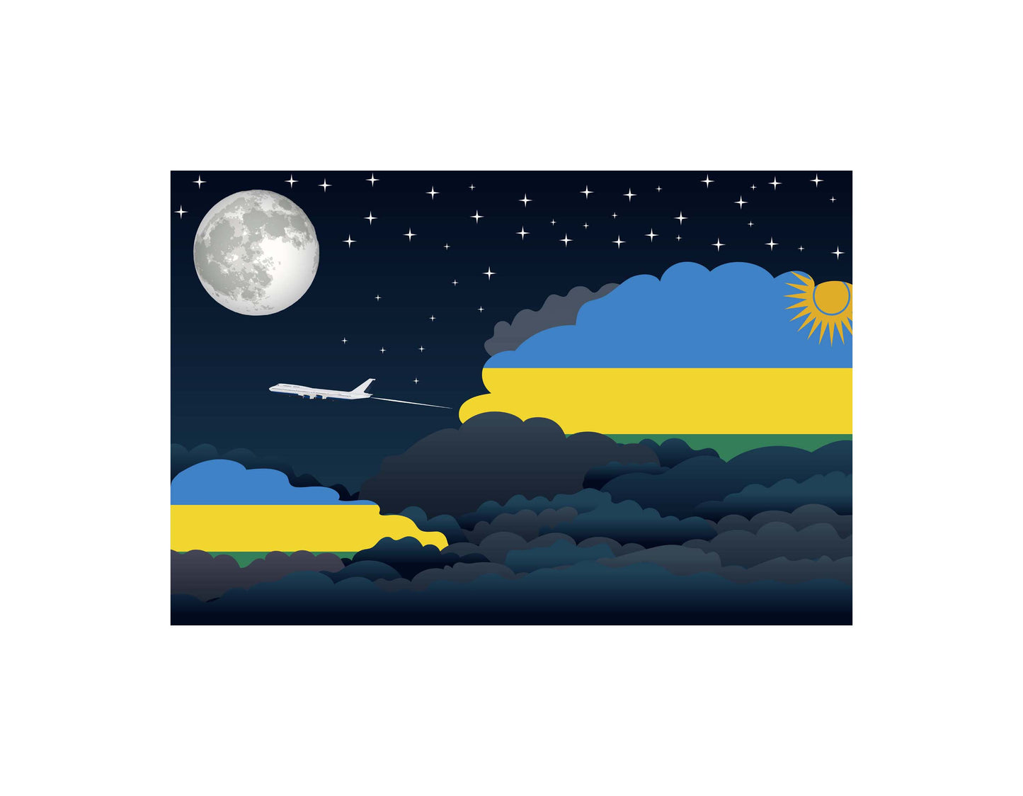 Rwanda Flag Night Clouds Aeroplane Airport Flying Vector Illustration