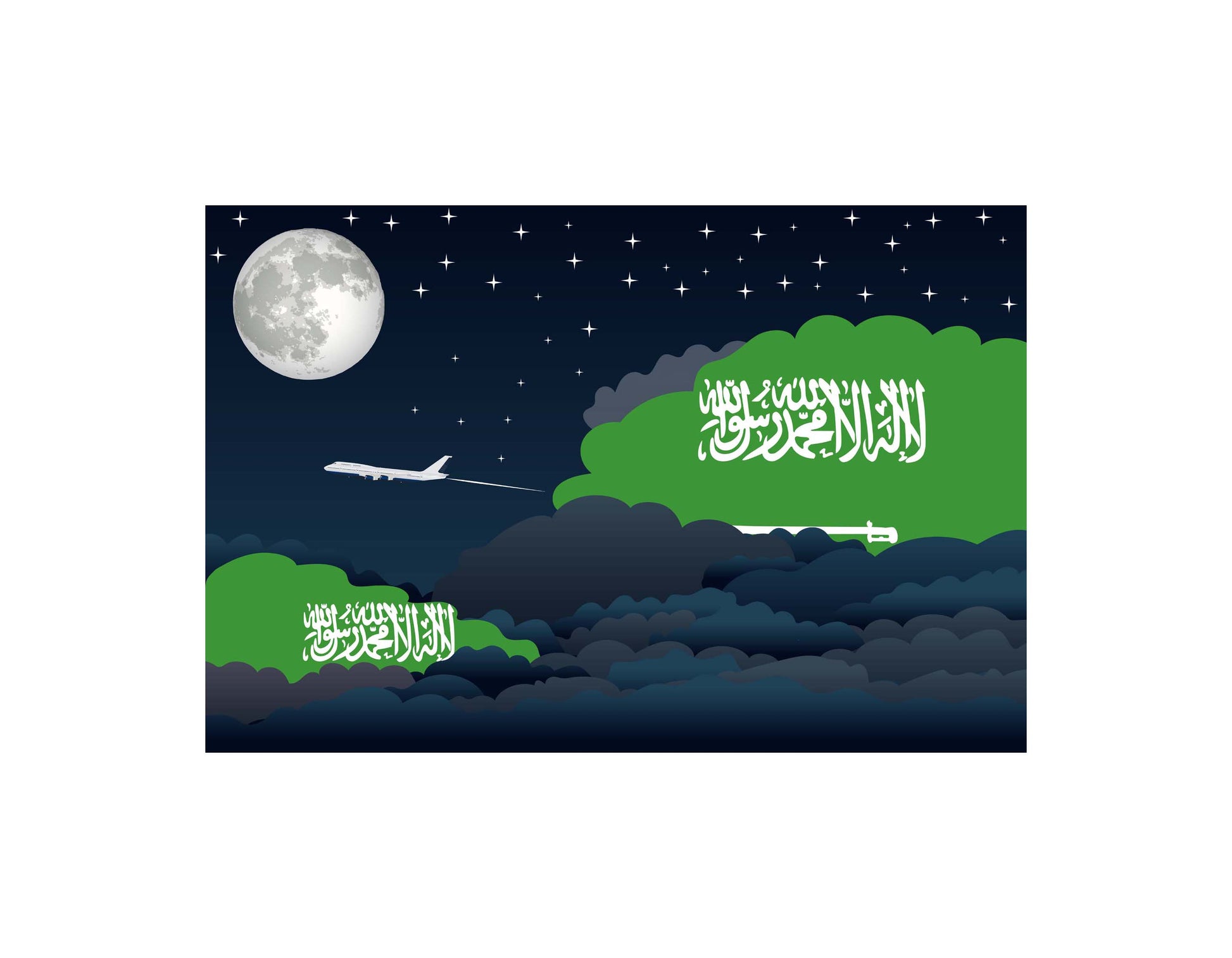 Saudi Arabia Flag Night Clouds Aeroplane Airport Flying Vector Illustration