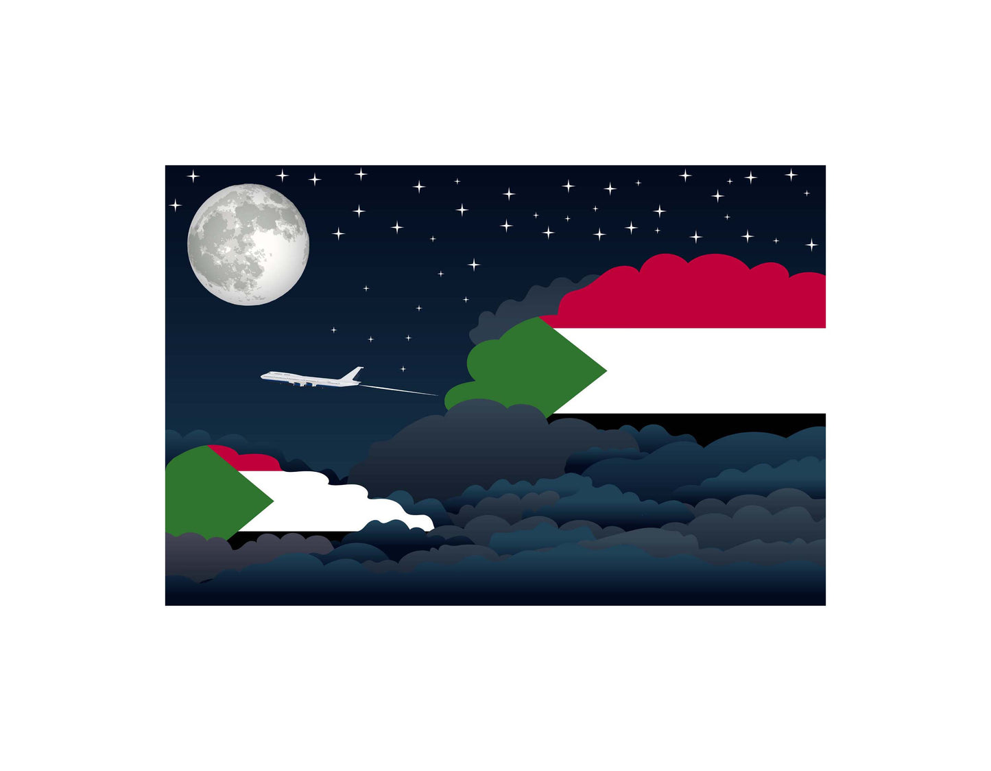 Sudan Flag Night Clouds Aeroplane Airport Flying Vector Illustration