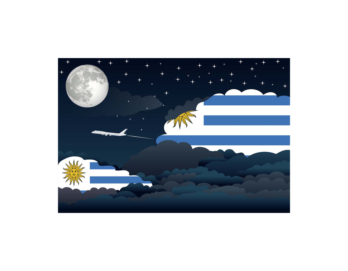 Uruguay Flag Night Clouds Aeroplane Airport Flying Vector Illustration